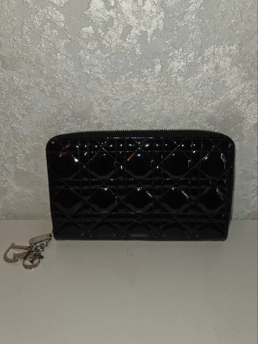 Dior Black Patent Quilted Zip Wallet with Silver Charm Organazer